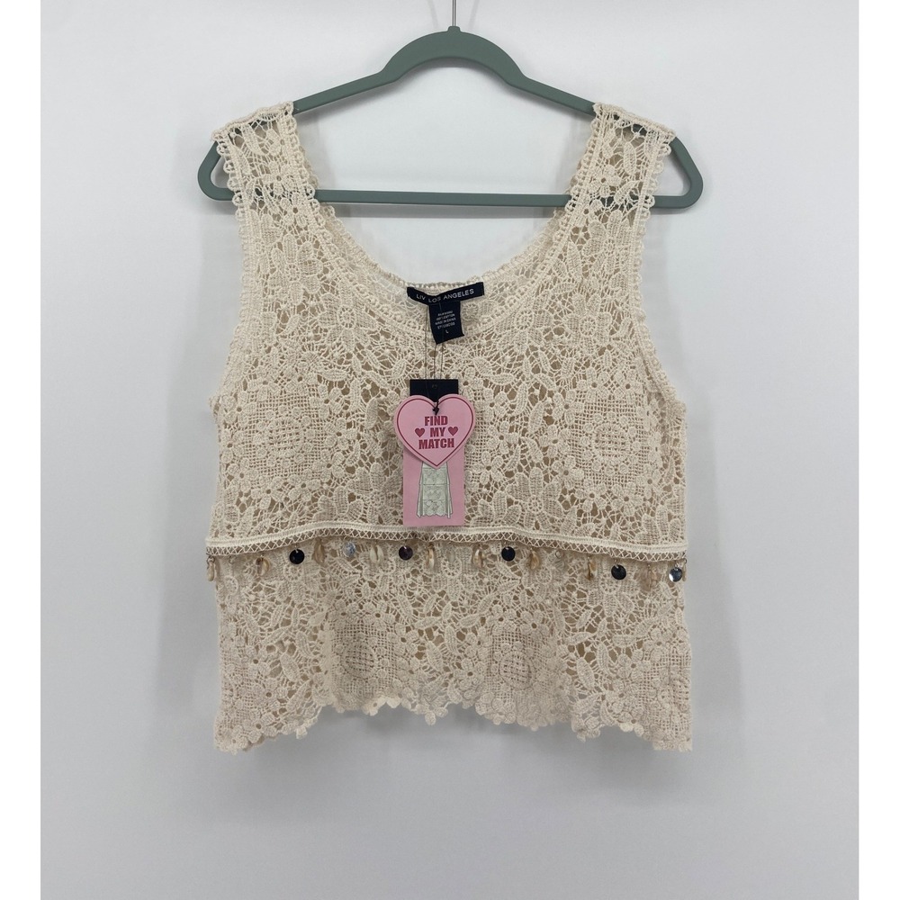 LIV Los Angeles Cream Crochet Lace Cowrie Shell Charm Tank Top C100 Womens L